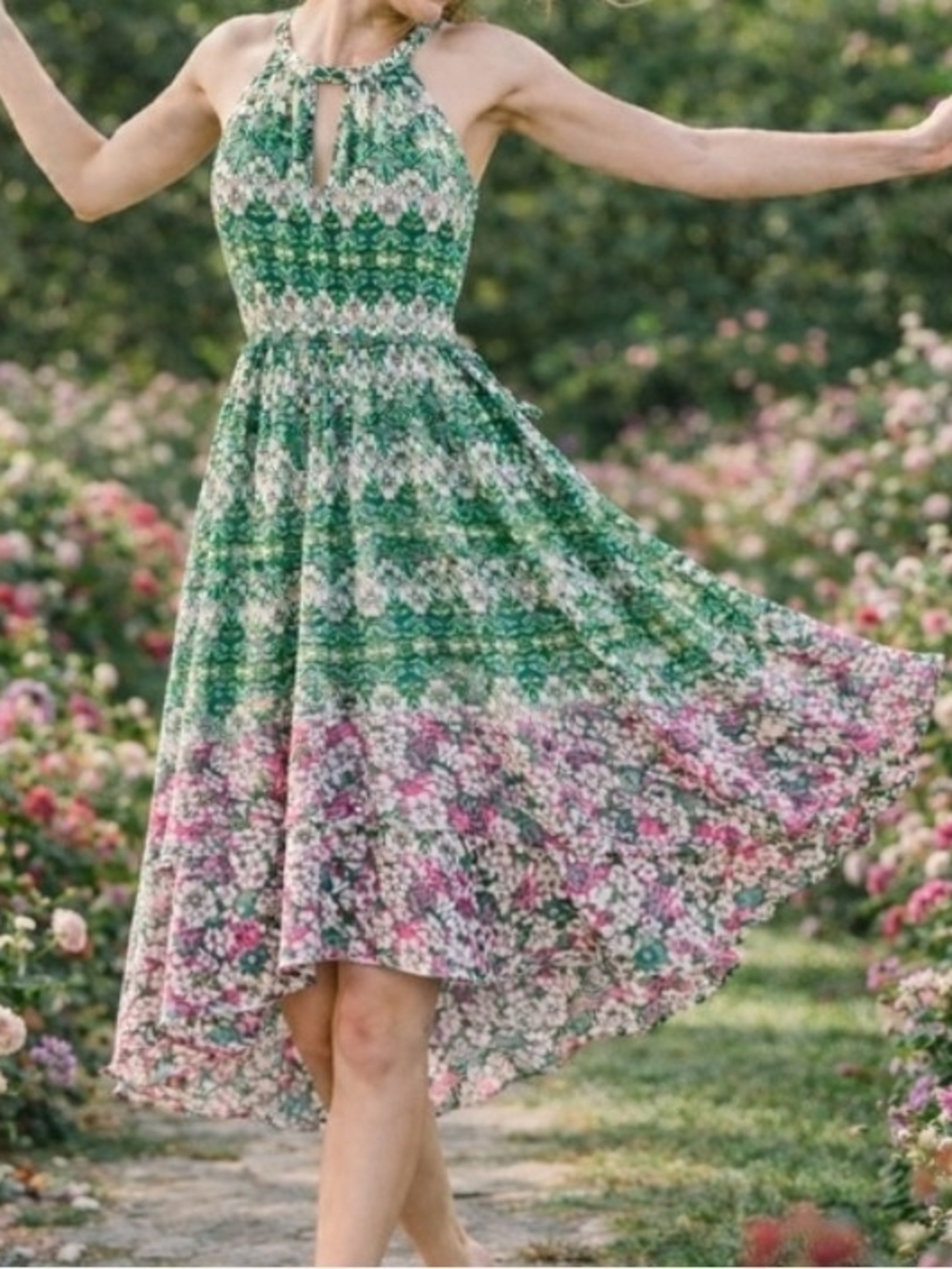 BCBGMAXAZRIA Keelie Halter Dress Women’s M Green Pink Floral Keyhole High Low